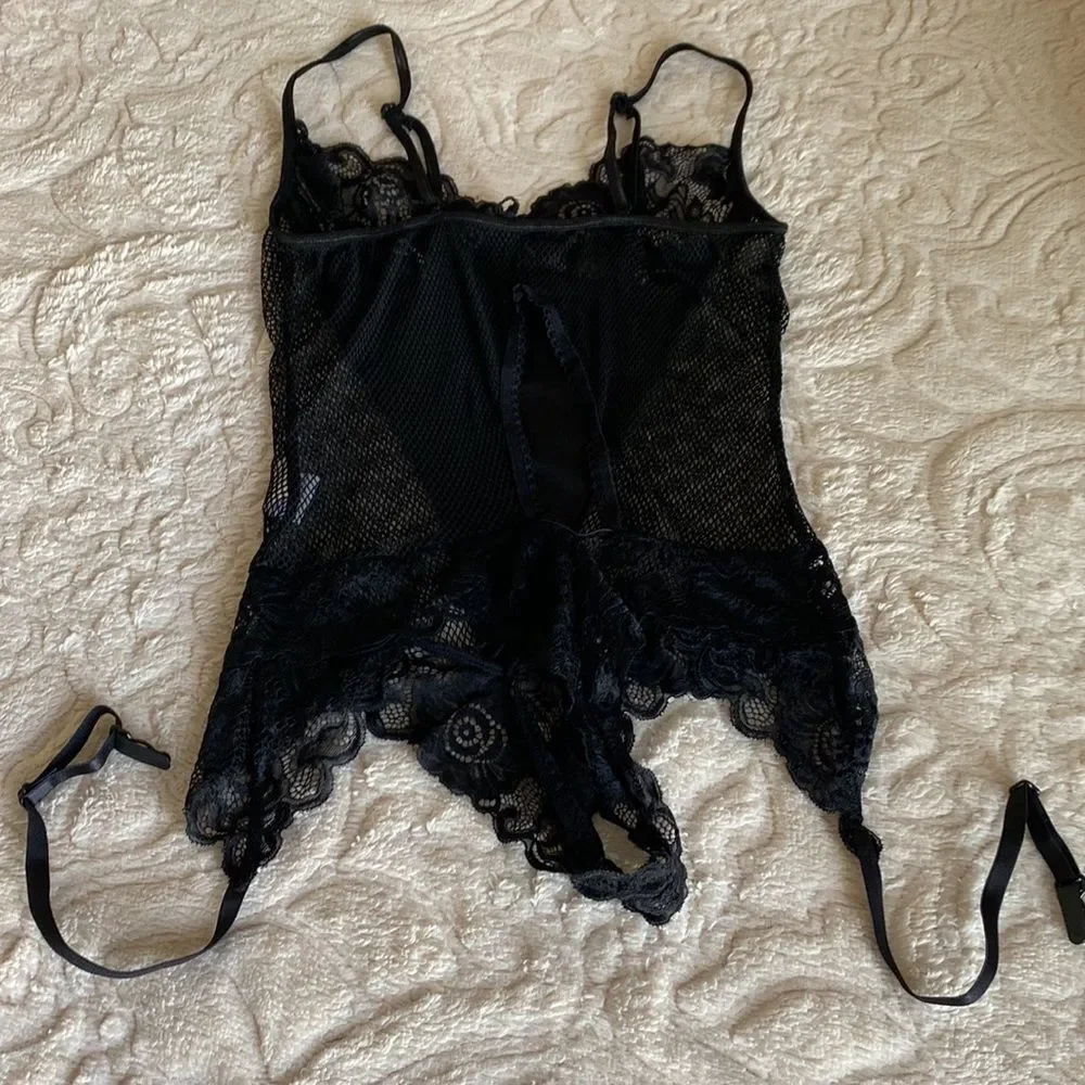 Teddy Black with floral Lace and Mesh. Hosiery Straps for a Sexy Fun Look